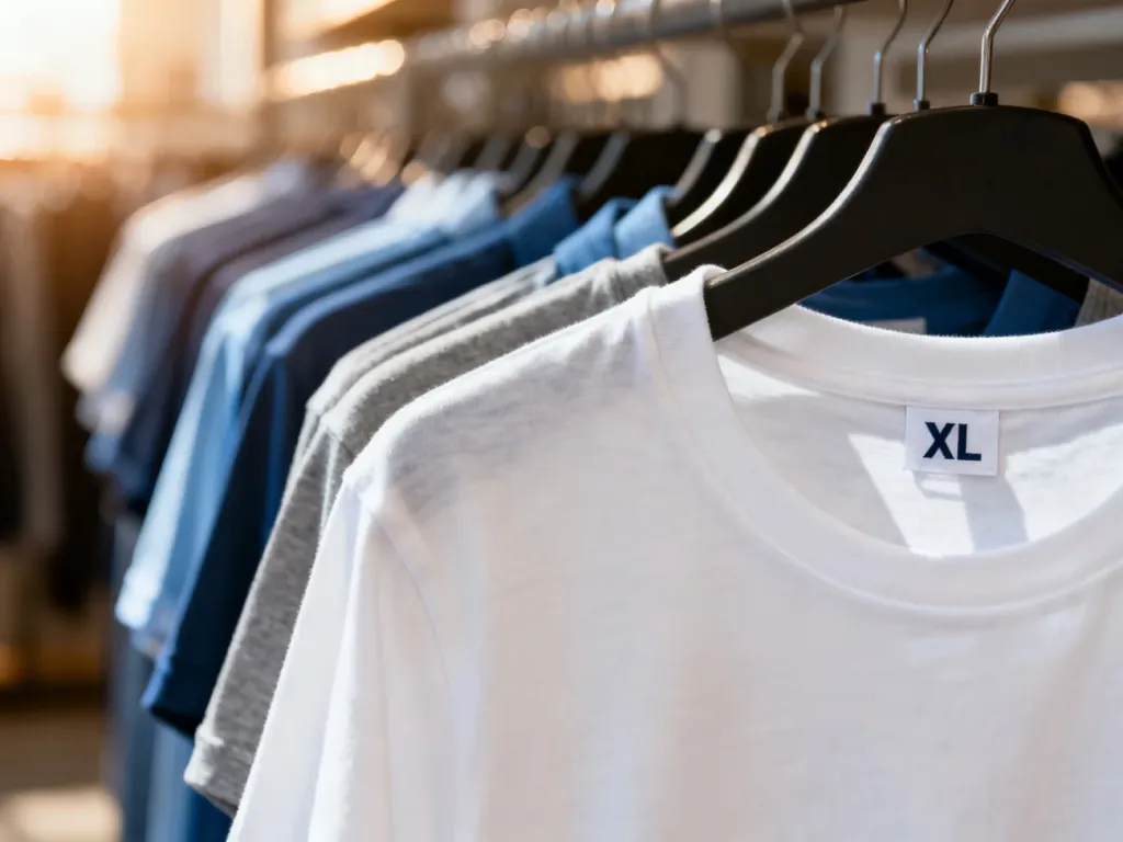Biały bawełniany T-shirt z wyraźną metką w rozmiarze XL wiszący na sklepowym wieszaku.