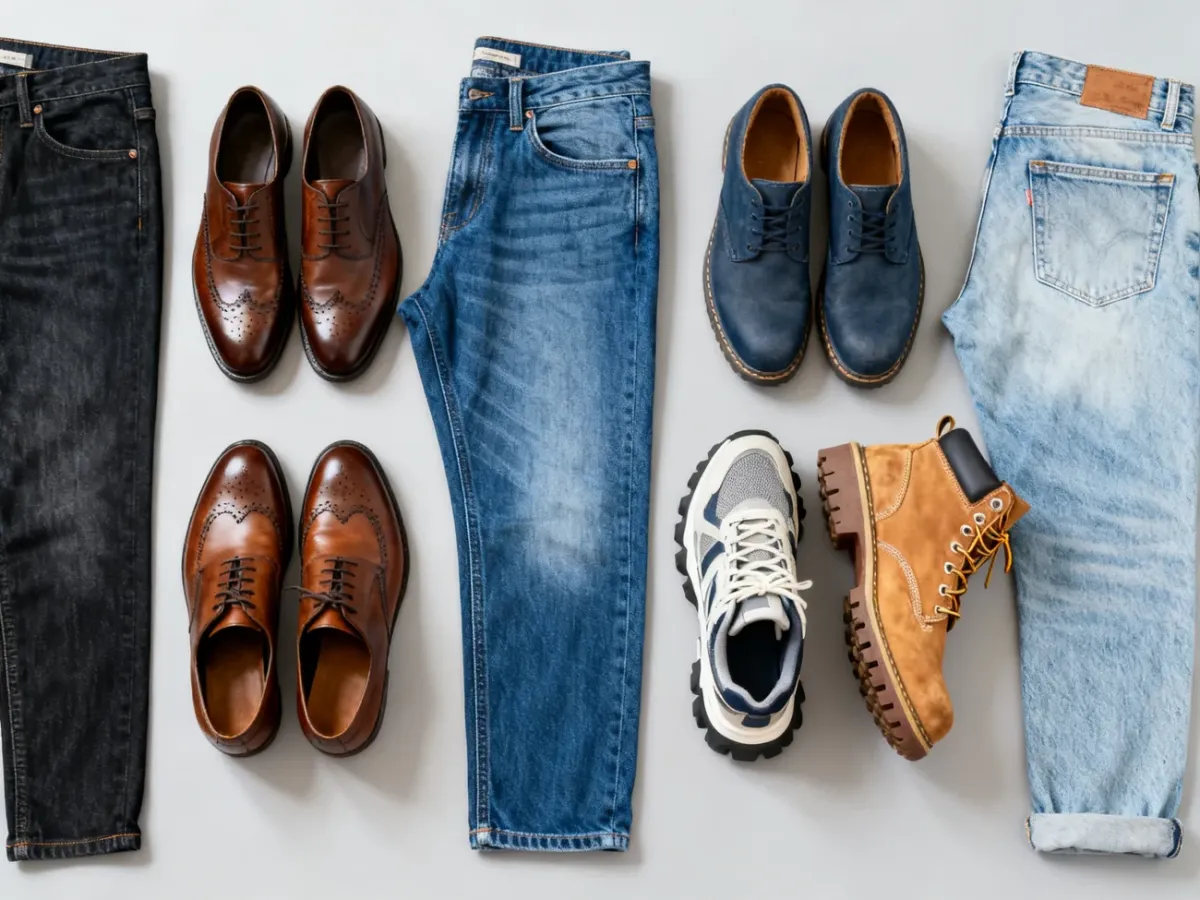 Różne fasony męskich jeansów zestawione z dopasowanymi modelami obuwia