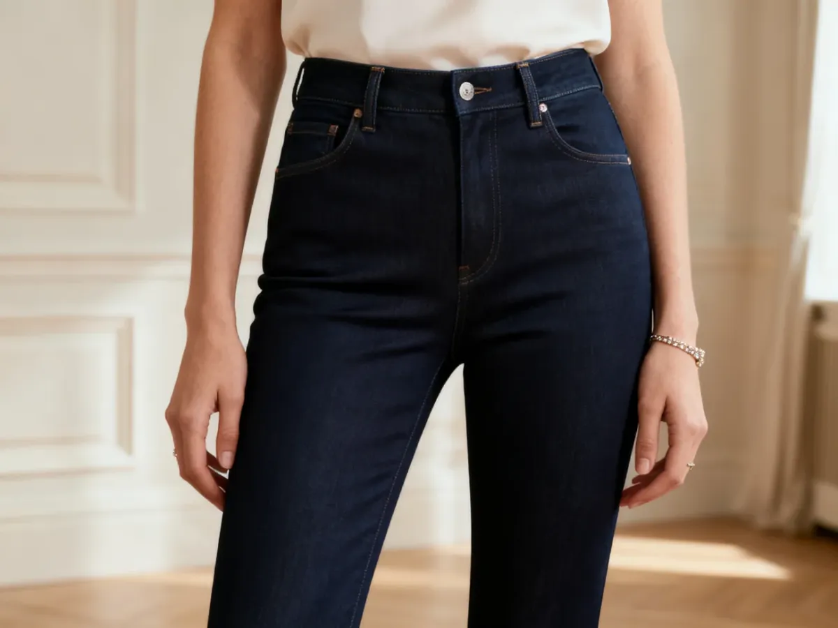 Kobieta w eleganckich ciemnych jeansach w wieczorowej stylizacji