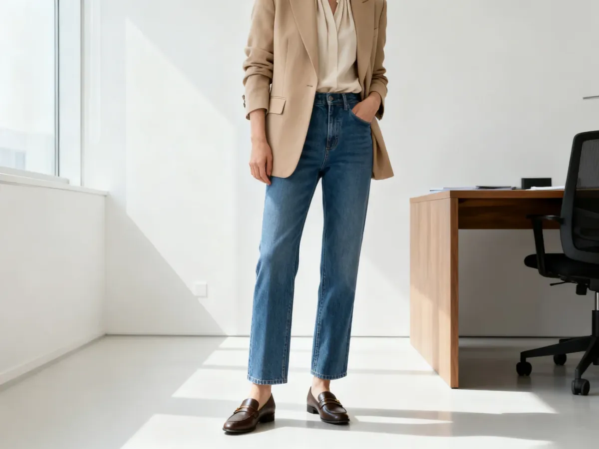 Elegancka stylizacja z jeansami, beżową marynarką i loafersami