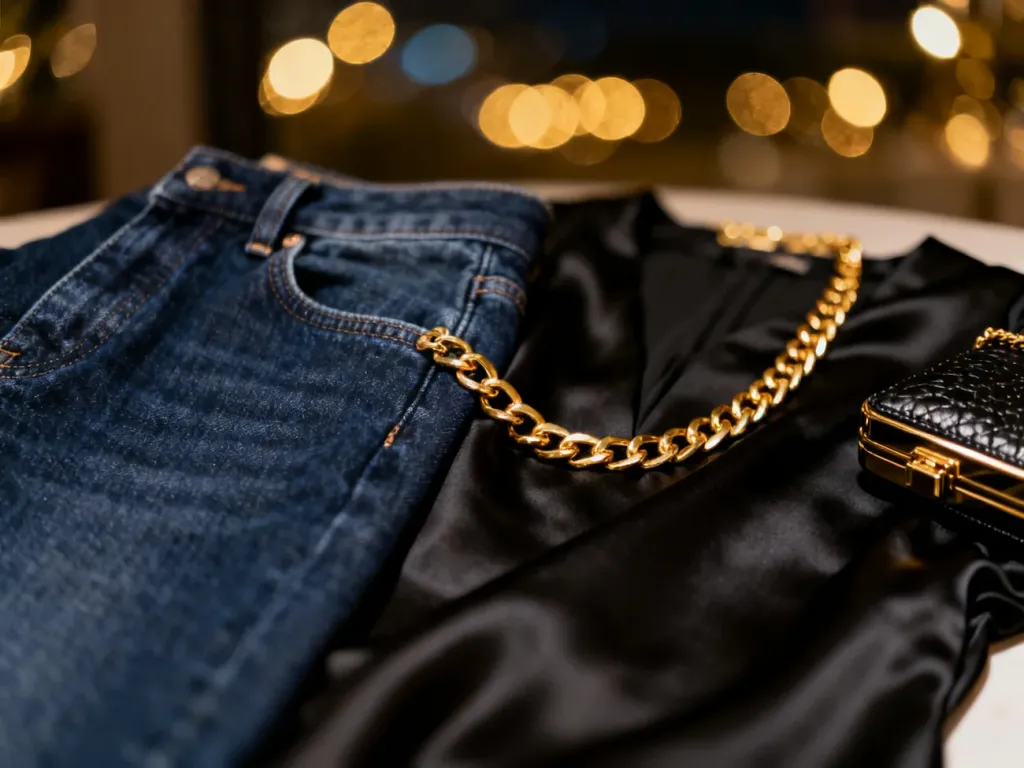 Ciemny jeans zestawiony z czarnym jedwabiem i złotymi dodatkami, tworzący elegancką stylizację na wieczorne wyjście.