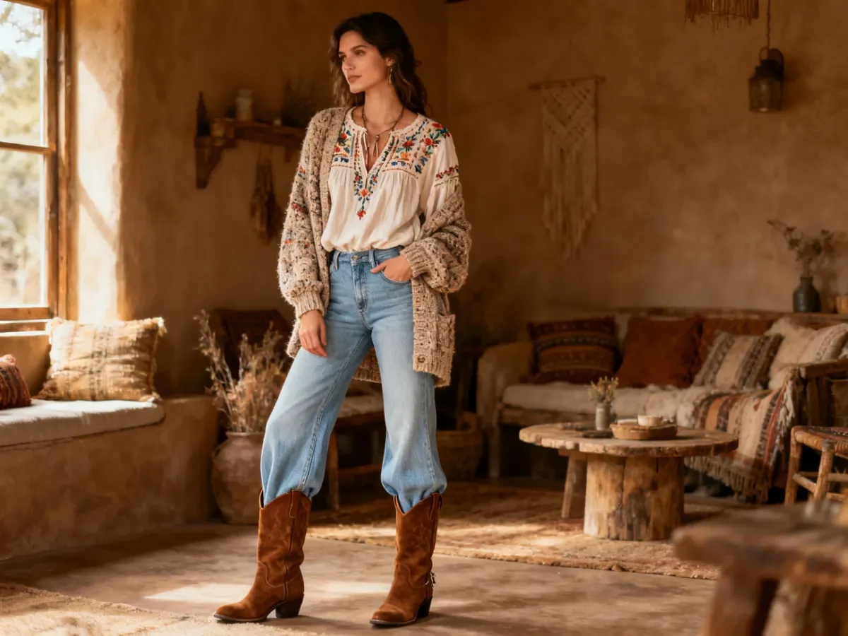 Stylizacja boho z jeansami bootcut i zamszowymi kowbojkami