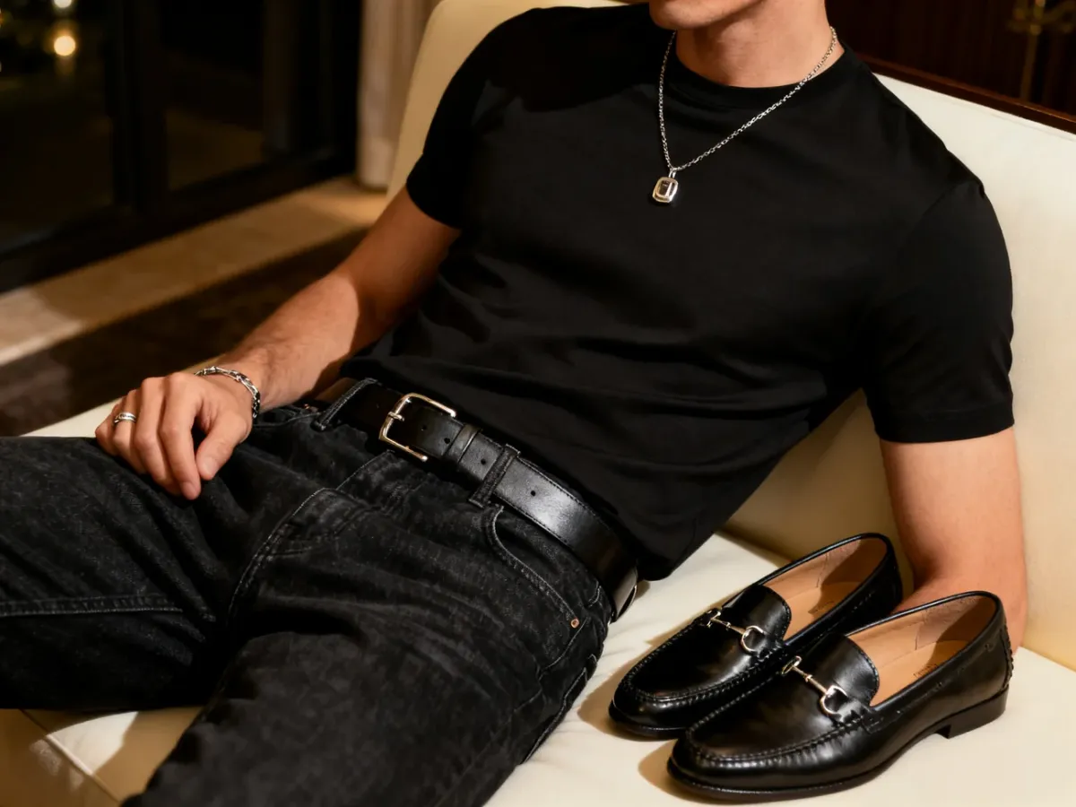 Loafersy, pasek i subtelna biżuteria w stylizacji z jeansami