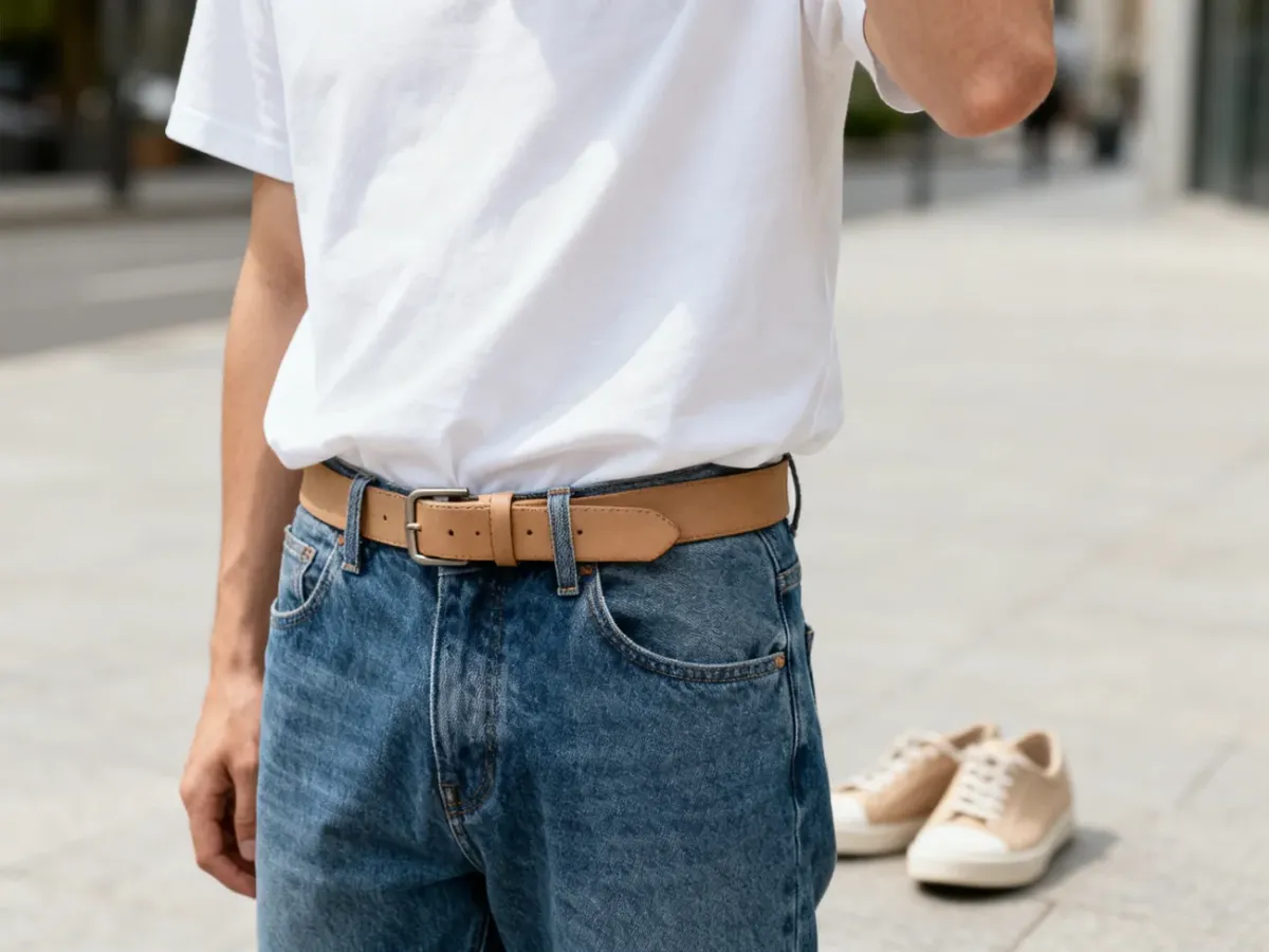 Pasek i sneakersy jako dodatki do jeansów i t-shirtu