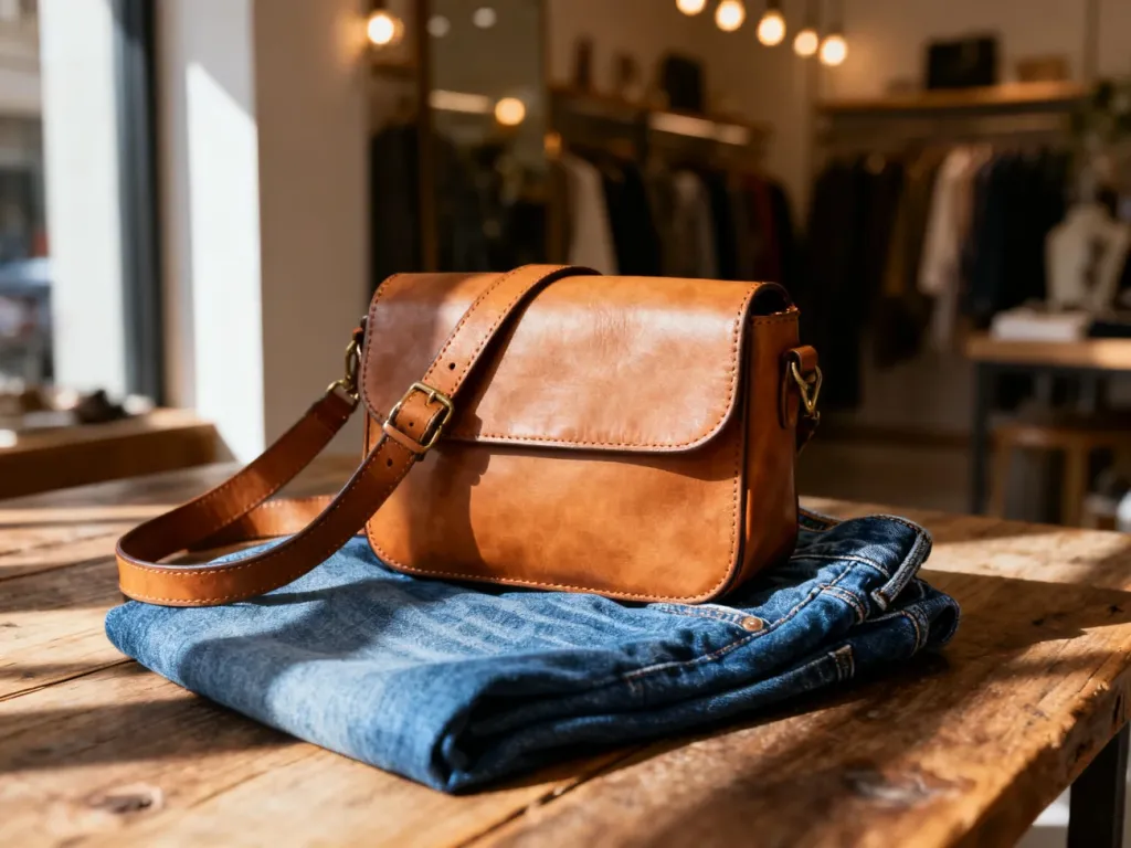Skórzana torebka typu crossbody położona na klasycznych jeansach, stanowiąca inspirację do codziennych stylizacji.