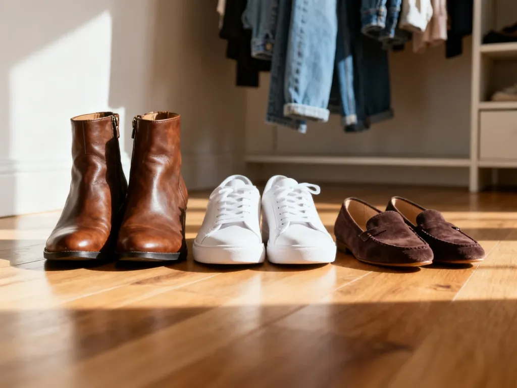 Różnorodne modele damskiego obuwia, w tym botki, sneakersy i mokasyny, zestawione z jeansami w tle.