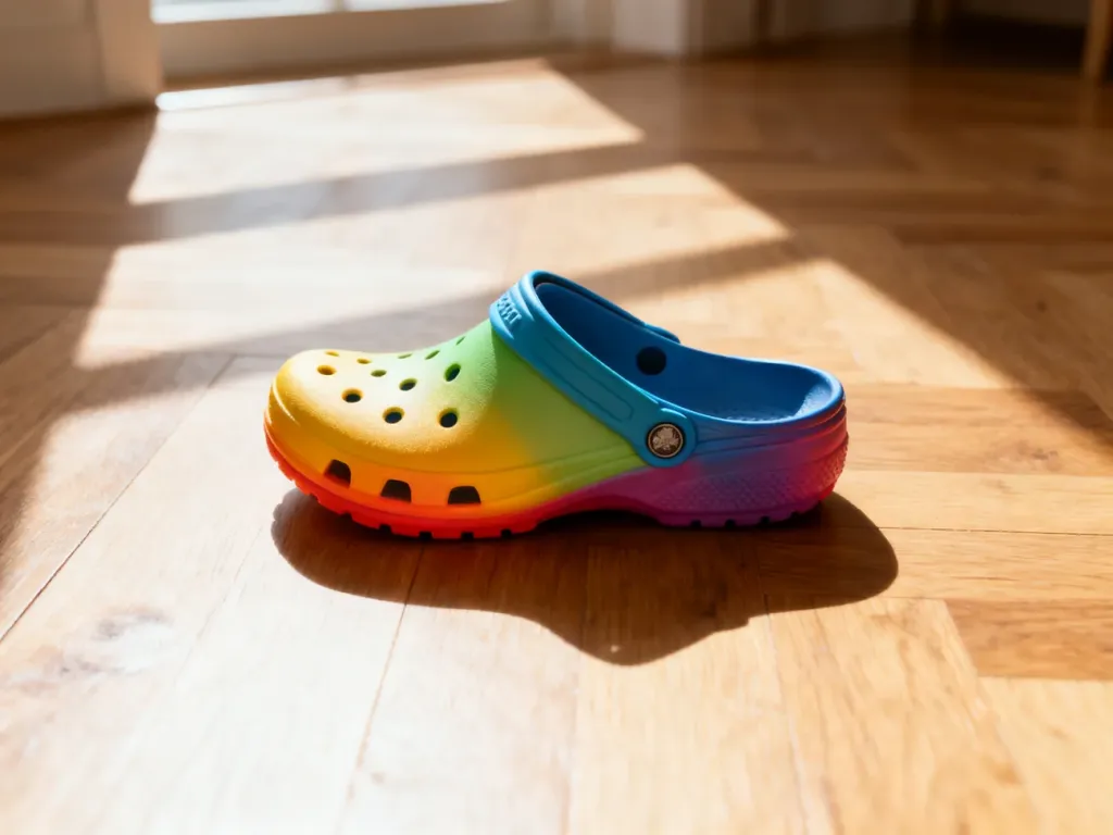 Kolorowy chodak typu Crocs na drewnianej podłodze w świetle poranka. Ilustracja prezentująca popularny model obuwia.