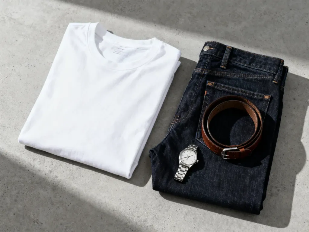 Minimalistyczna stylizacja składająca się z białego t-shirtu, ciemnych jeansów, skórzanego paska i zegarka na szarym tle.